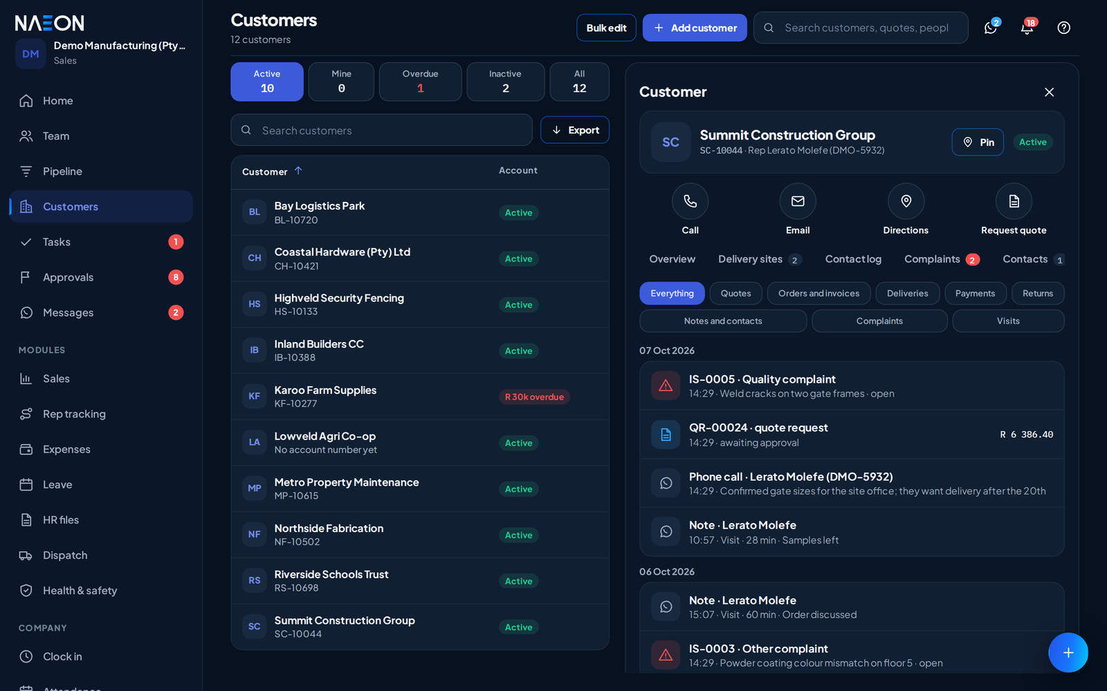 A customer's timeline in NAEON: quote requests, complaints and payment promises